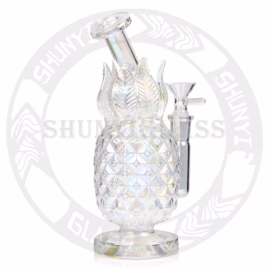 Fruta de abacaxi com design de arco-íris legal brilhando com tubo de água para fumar em vidro perc difuso em linha