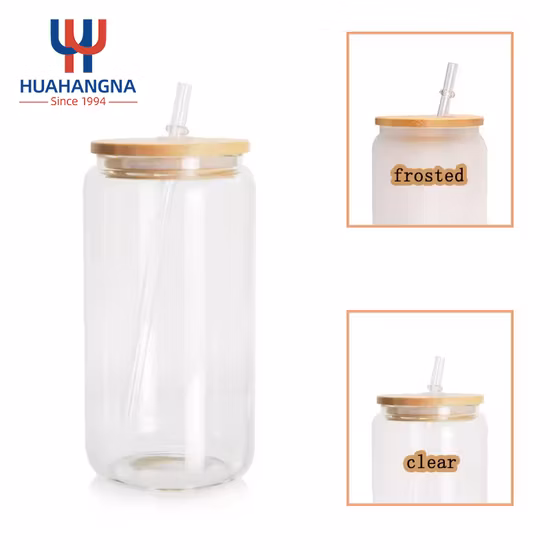 Novo estilo de lata de cerveja de 16 onças com tampa de bambu e canudo de vidro usado para copos de café gelado, smoothies, boba, chá, uísque e água